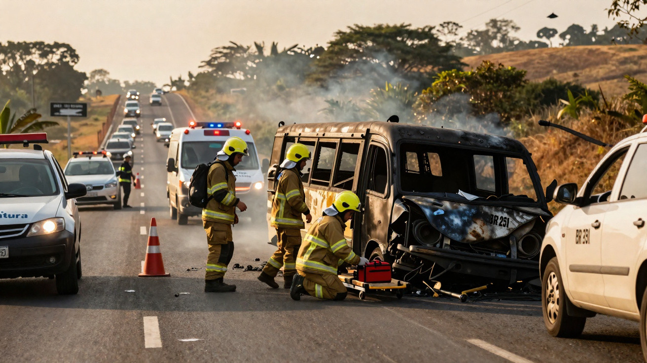 Bombeiros em ação ao lado de carrinha carbonizada após acidente numa estrada com trânsito condicionado.