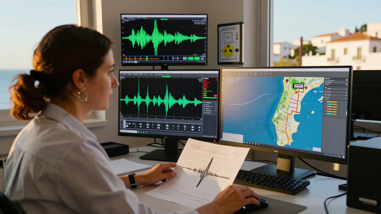 Mulher numa sala a analisar gráficos sísmicos no ecrã e em papel junto a mapas digitais.