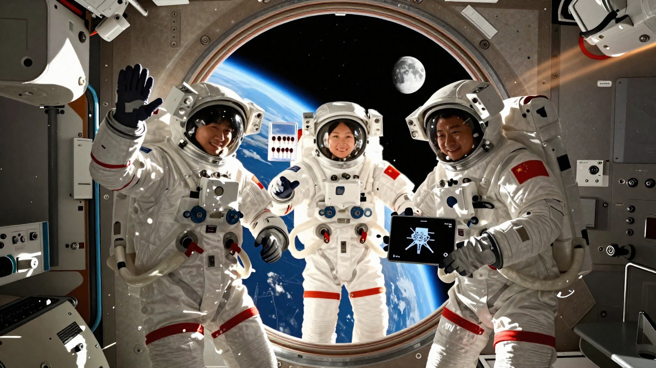 Três astronautas chineses em fatos espaciais dentro de cápsula com vista para Terra e Lua no espaço.