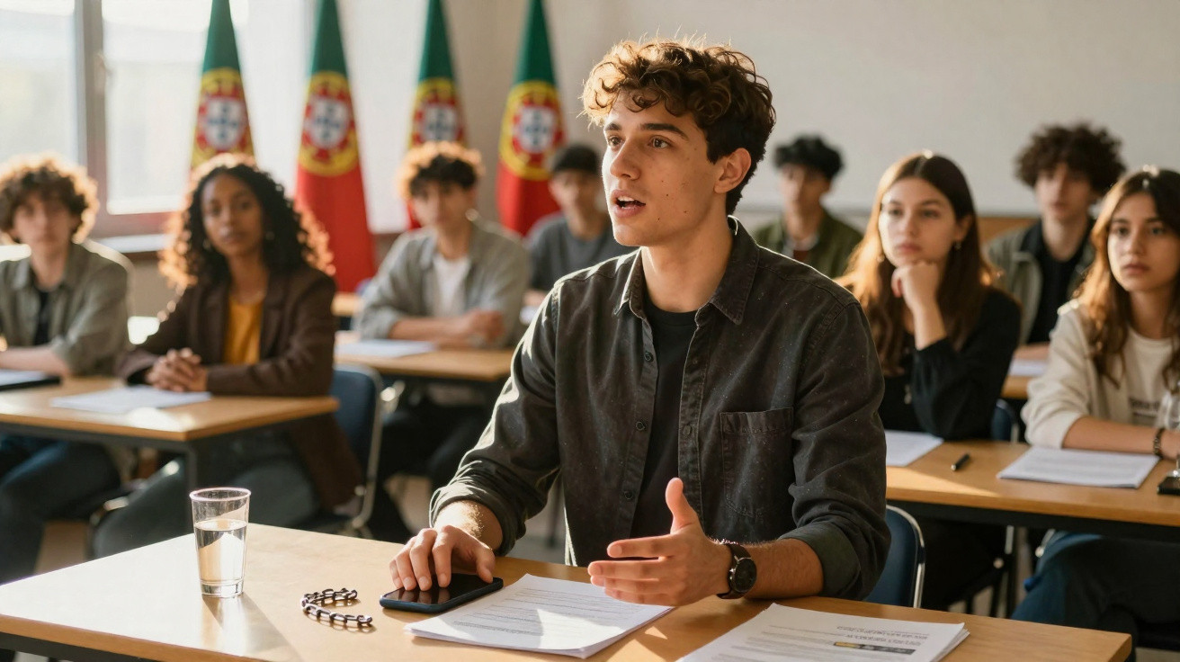 Jovem estudante a falar numa sala de aula com colegas e bandeiras de Portugal ao fundo.