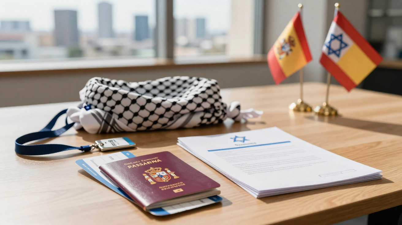 Mesa com passaportes espanhóis, documentos com estrela de David, keffiyeh e miniaturas das bandeiras de Espanha e Israel.