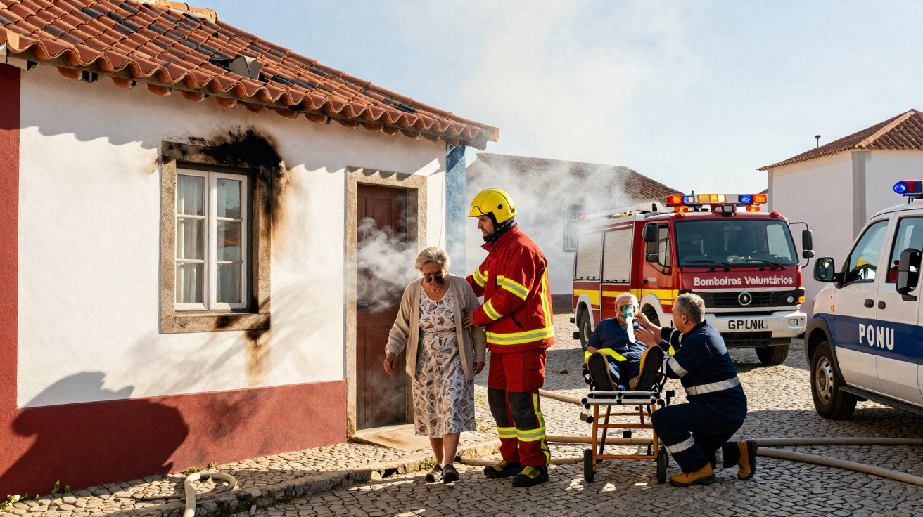 Bombeiros auxiliam idosos em evacuação de casa com fumo de incêndio numa aldeia.