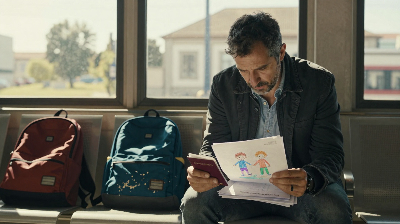Homem sentado numa estação, a segurar passaporte e desenho infantil de duas crianças colorido à mão.