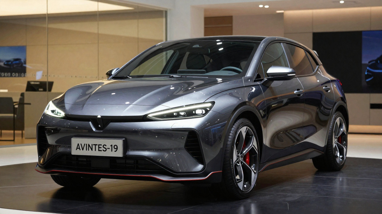 Automóvel elétrico cinza escuro AVINTES-19 exposto em ambiente interior moderno.