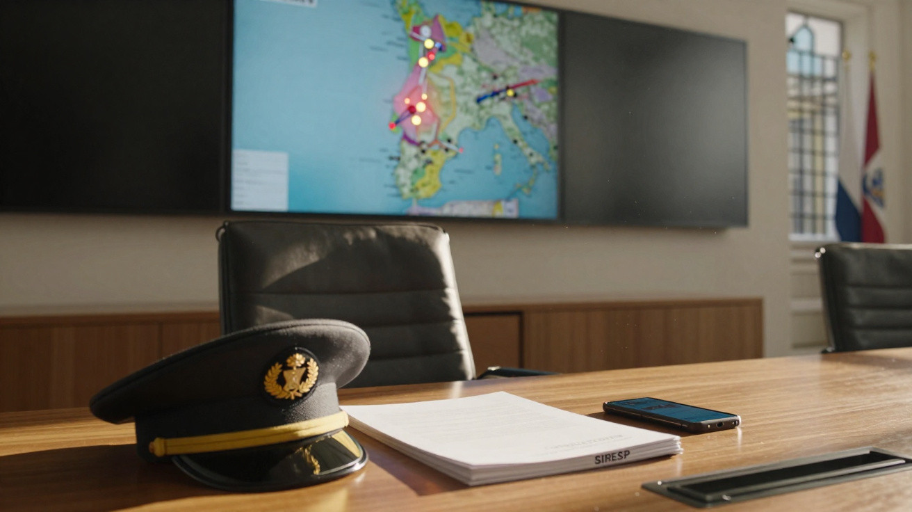 Sala de reunião com carteira, mapa de rotas, chapéu militar, documentos e telemóvel sobre a mesa.