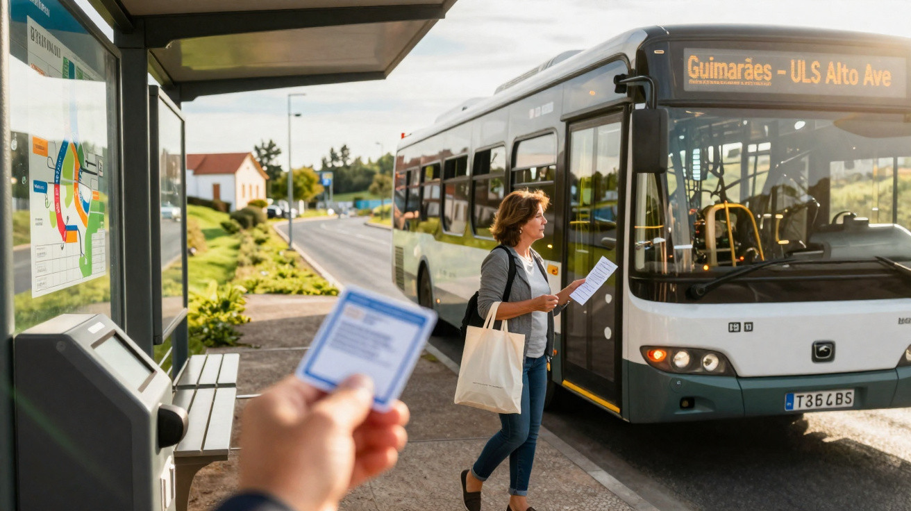 Autocarro a chegar a paragem com passageira a aproximar-se e pessoa a segurar bilhete em foco desfocado.