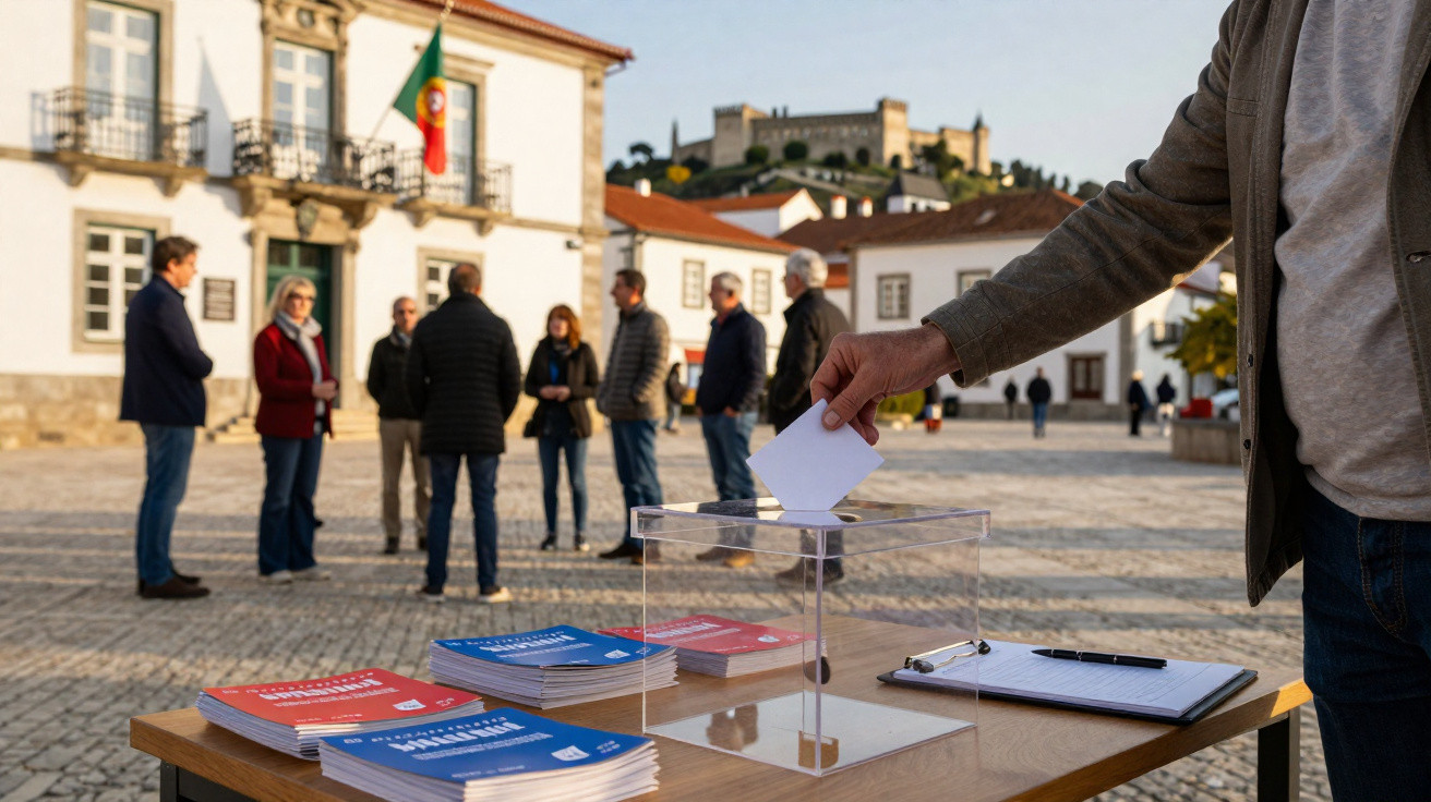 Pessoa a votar numa urna transparente ao ar livre, com grupo de pessoas e castelo ao fundo.