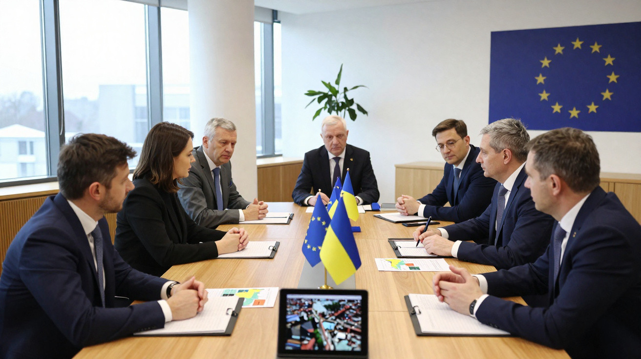 Reunião formal entre representantes da União Europeia e da Ucrânia numa sala com bandeiras e documentos.
