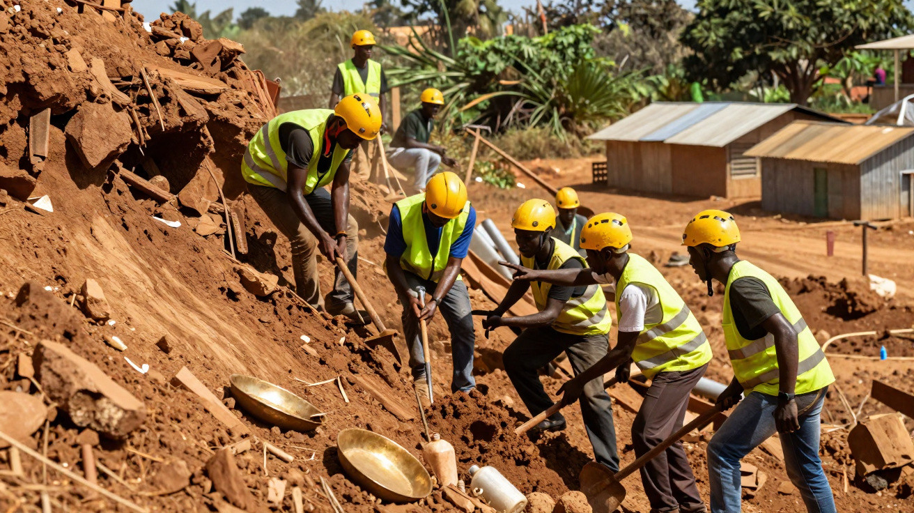 Homens com capacetes e coletes a cavar terra em ambiente rural com casas ao fundo.