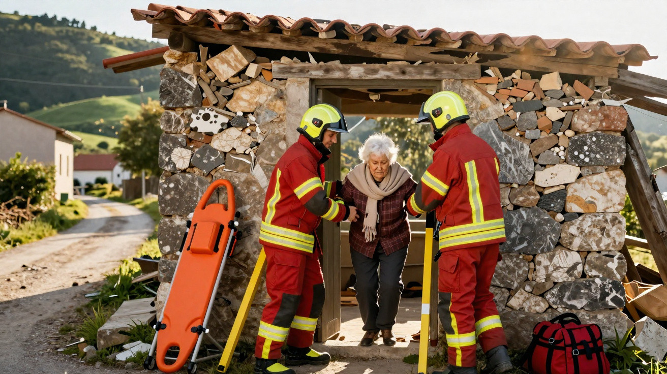 Dois bombeiros a ajudar uma idosa a sair de uma casa de pedra numa zona rural.