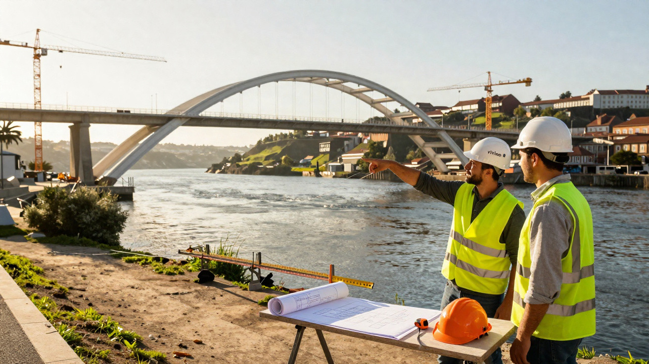 Dois engenheiros de construção civil com coletes e capacetes analisam projeto perto de ponte sobre rio em construção.