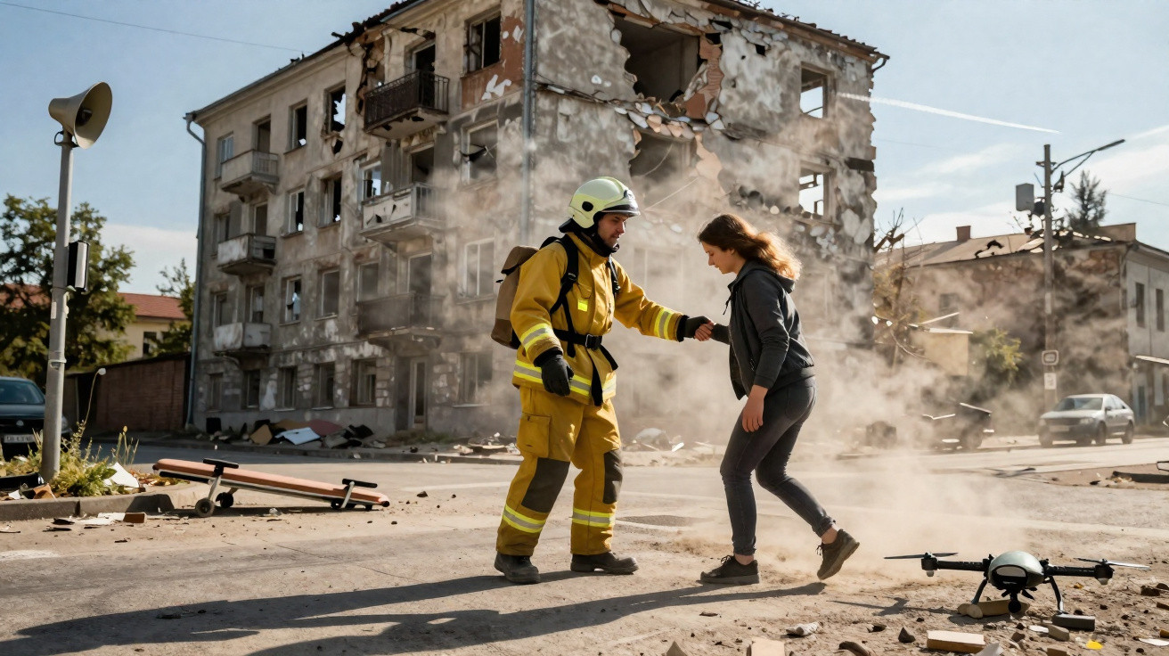 Bombeiro ajuda mulher a levantar-se em área urbana destruída, com prédio danificado e drone no chão.