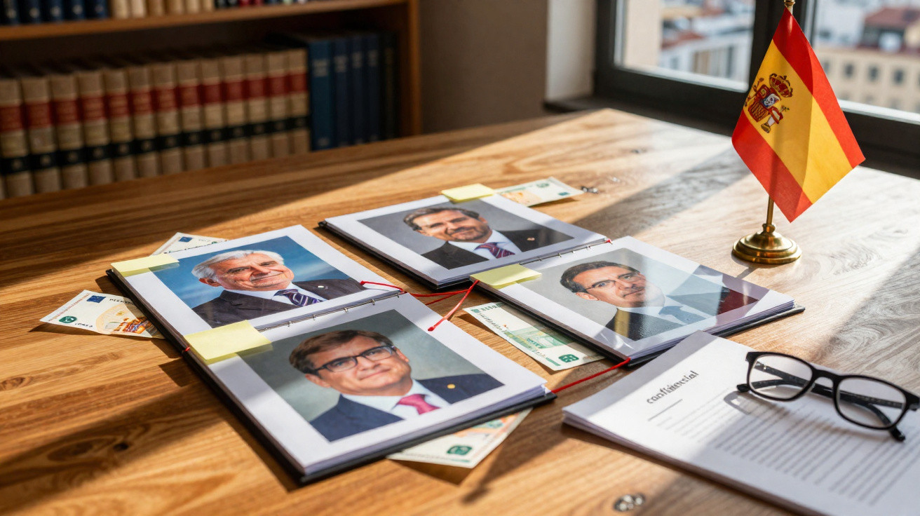 Mesa de escritório com fotos de suspeitos ligados a corrupção, dinheiro escondido e bandeira da Espanha.