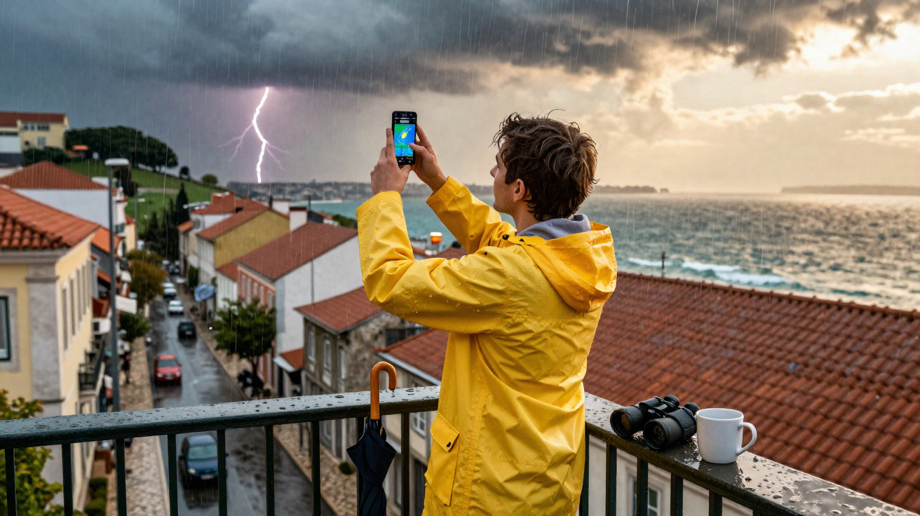 Homem de casaco amarelo fotografa relâmpago durante tempestade à beira-mar numa varanda com chávena e binóculos.