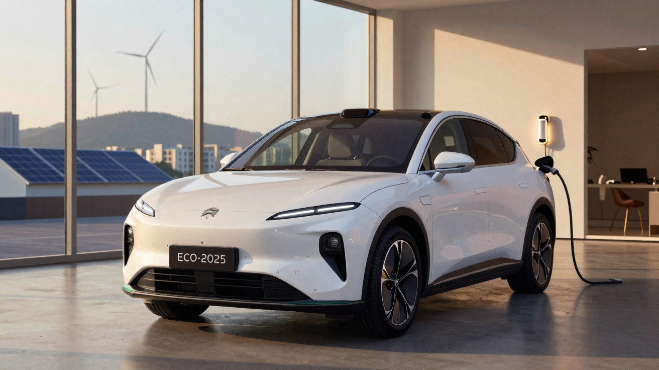 Carro elétrico branco a carregar numa garagem com painéis solares e turbinas eólicas visíveis ao fundo.