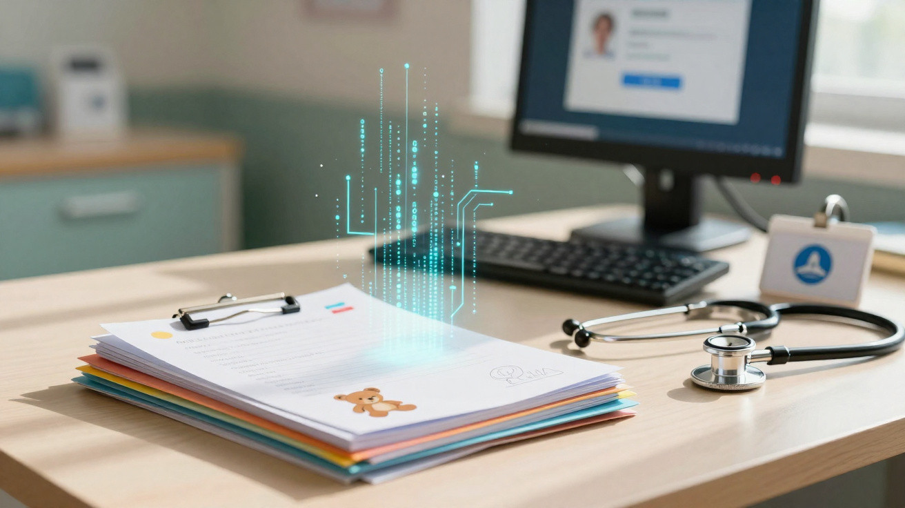Prontuário médico digitalizado numa secretária com estetoscópio e computador ao fundo.