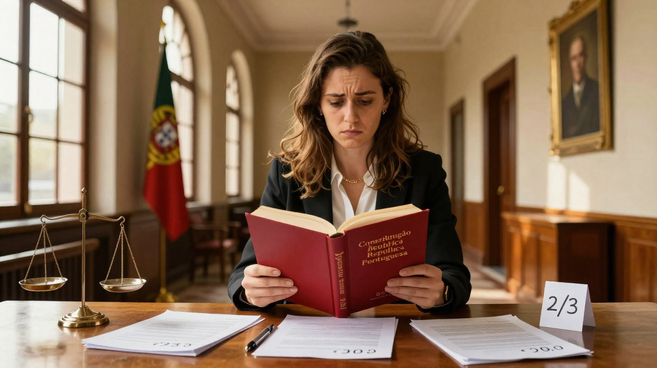 Mulher séria lendo livro da Constituição da República Portuguesa num escritório com bandeira de Portugal.