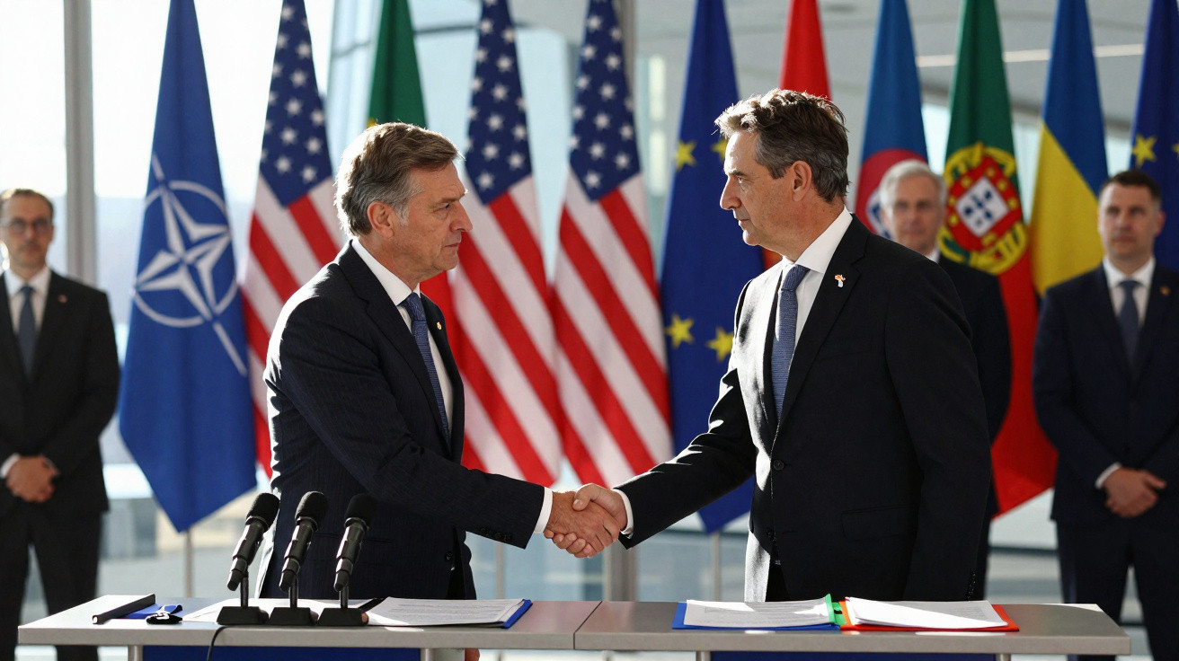Dois homens de fato apertam as mãos em cerimónia com bandeiras da NATO, EUA, Portugal e UE ao fundo.