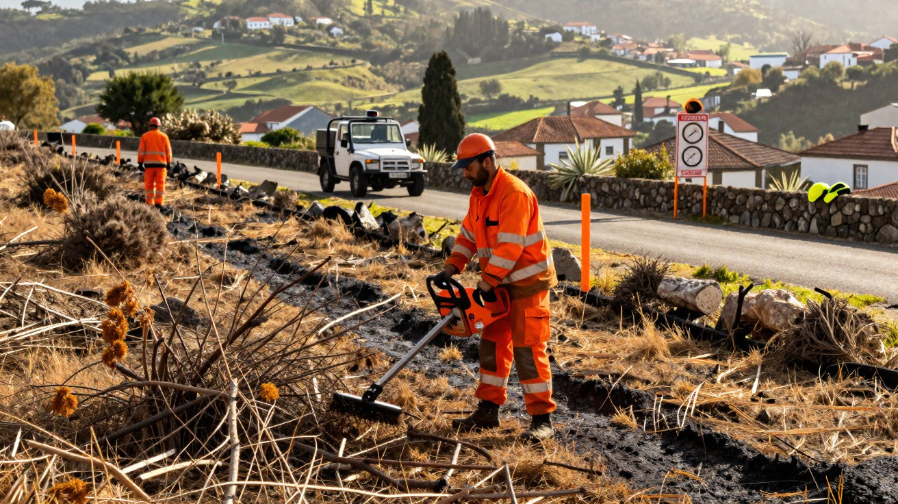 Trabalhador de construção em roupa laranja a limpar terrenos queimados junto a estrada e viatura branca atrás.