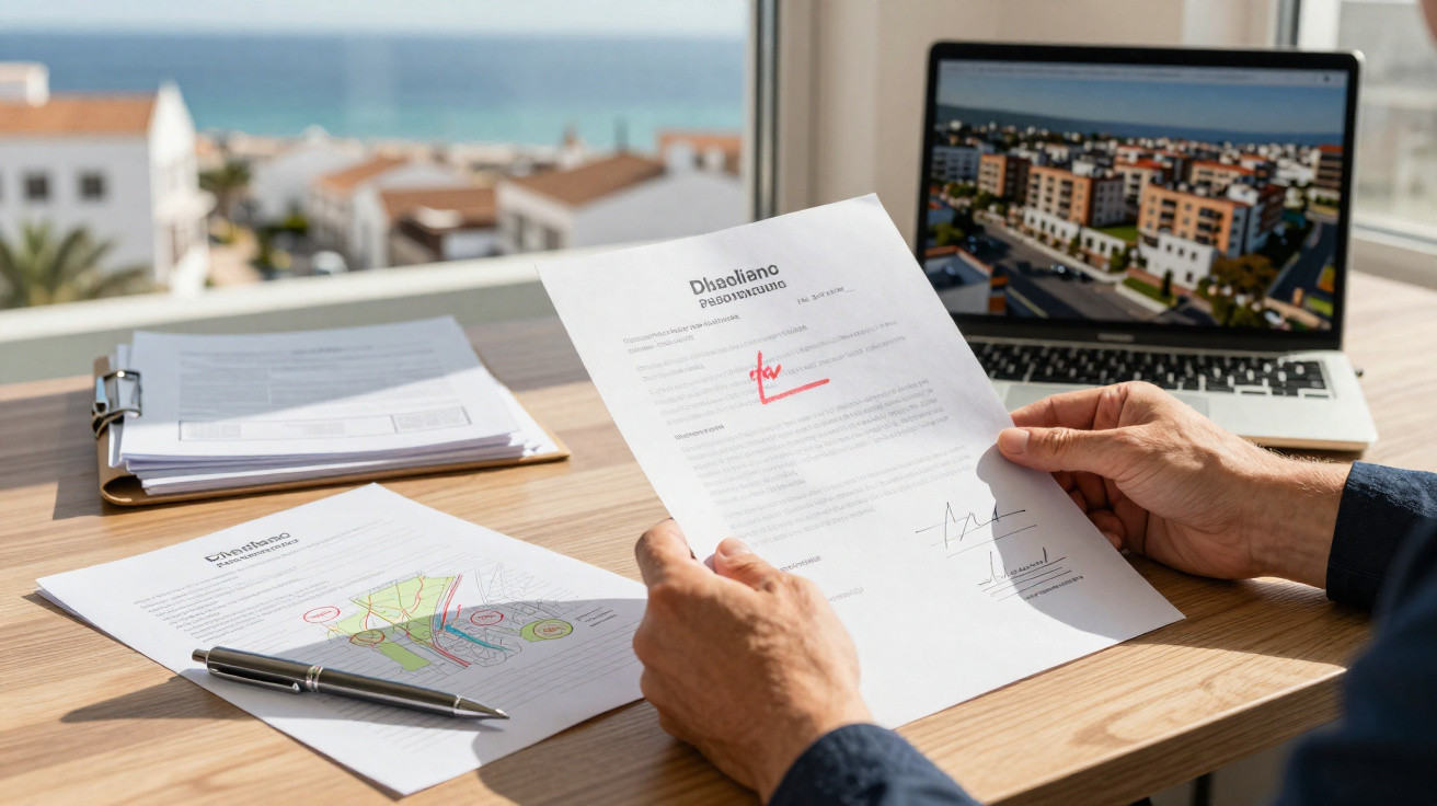 Pessoa a analisar documentos imobiliários num escritório com vista para o mar e computador portátil aberto.