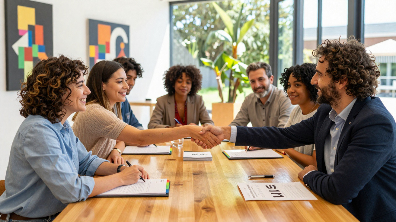 Grupo diversificado a sorrir durante reunião de trabalho, duas pessoas a cumprimentar-se com aperto de mão numa mesa.