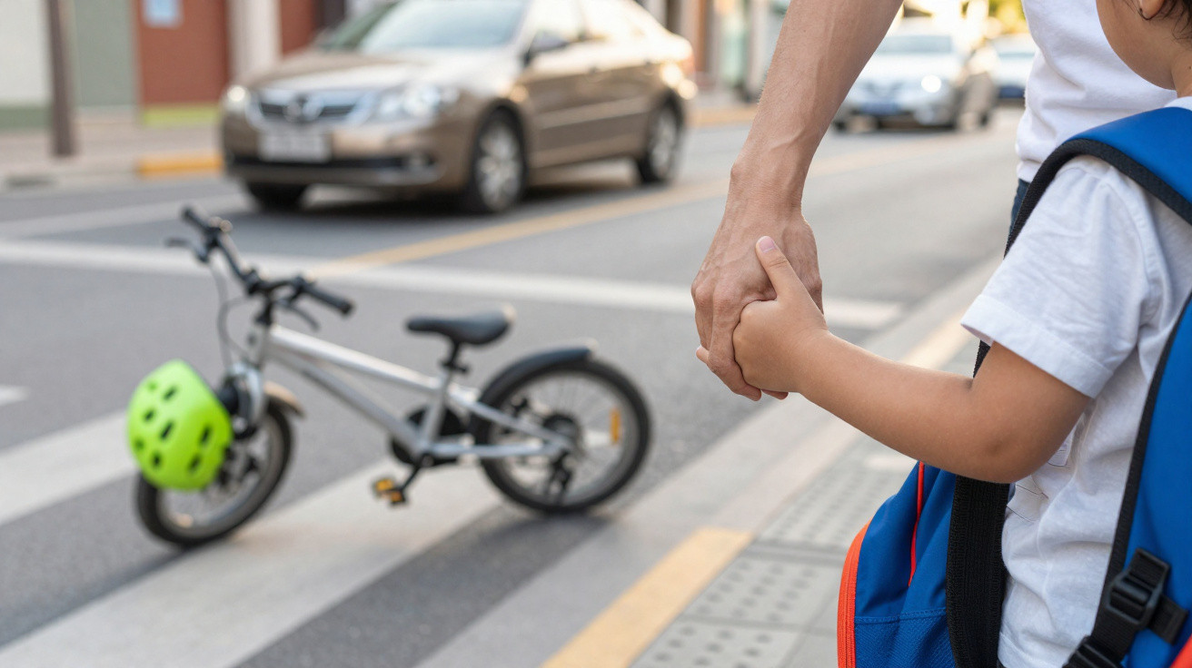 Adulto e criança de mão dada à espera para atravessar rua em passadeira com bicicleta no chão.