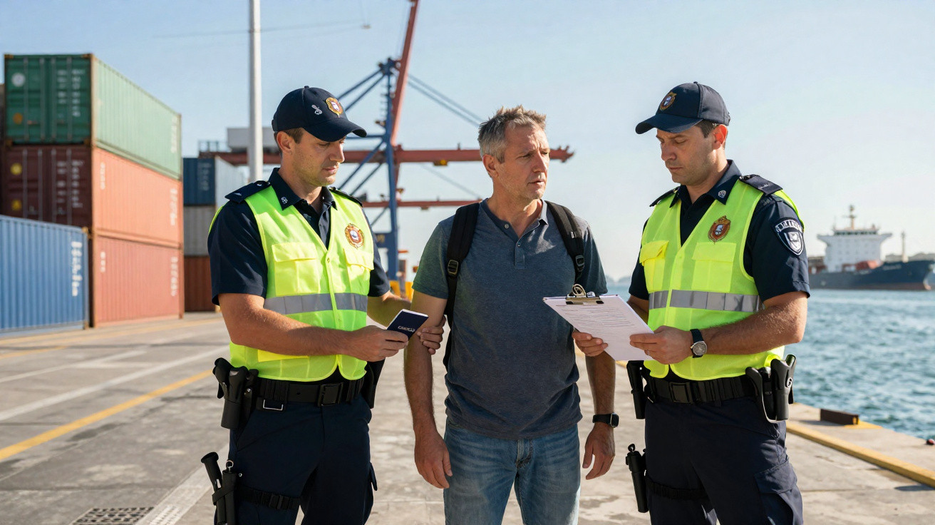 Dois agentes da polícia marítima revistam um homem numa doca com contentores e um navio ao fundo.