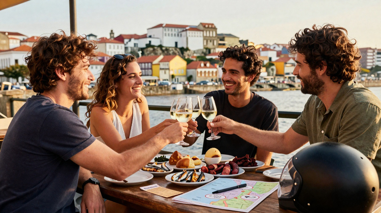 Quatro amigos brindam com copos de vinho branco numa mesa com petiscos, ao ar livre junto a um cais.
