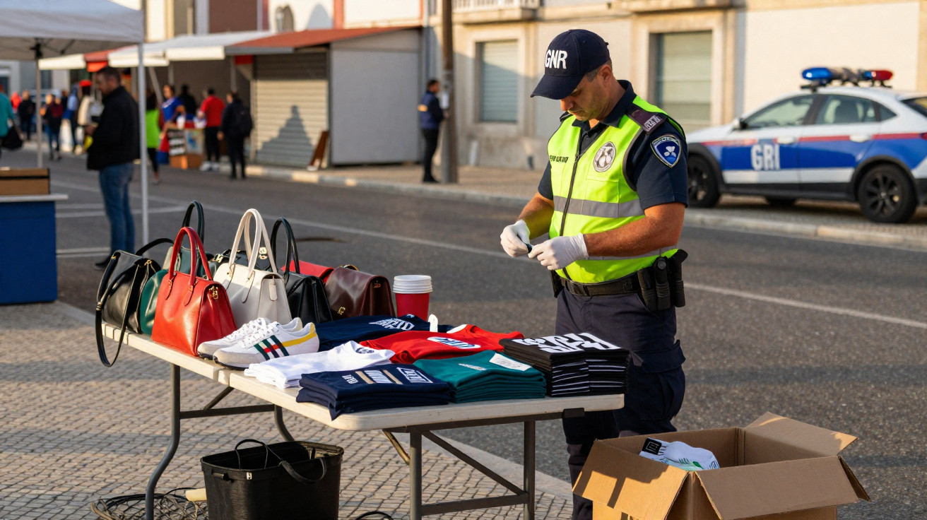 Agente da GNR inspeciona uma mesa com roupas e malas expostas numa feira ao ar livre.
