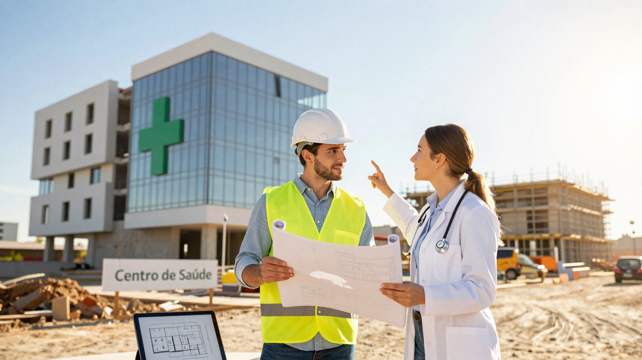 Engenheiro e médica discutem plantas na obra em construção de centro de saúde moderno.
