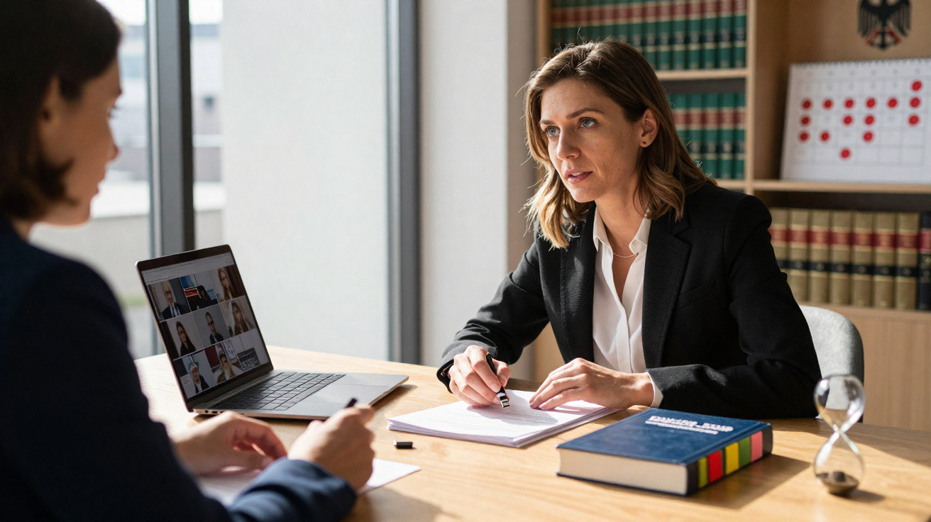 Duas mulheres em reunião de trabalho, uma a tomar notas e outra à frente de um computador com videoconferência.