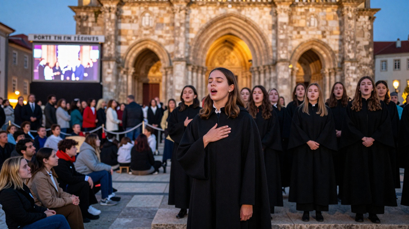 Coral de mulheres vestidas de preto a cantar em evento ao ar livre, com público e edifício histórico ao fundo.