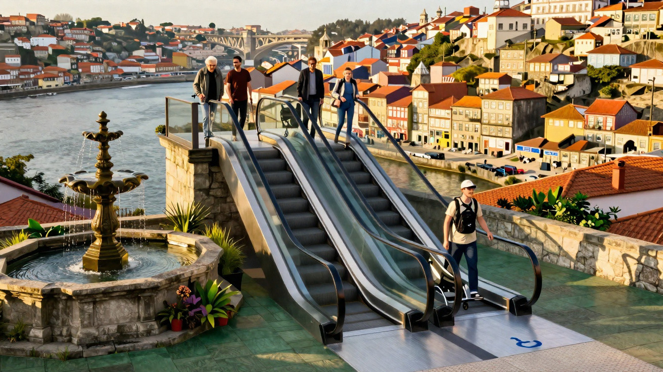 Escadas rolantes ao ar livre com pessoas e vista para rio e casas coloridas numa cidade portuguesa.