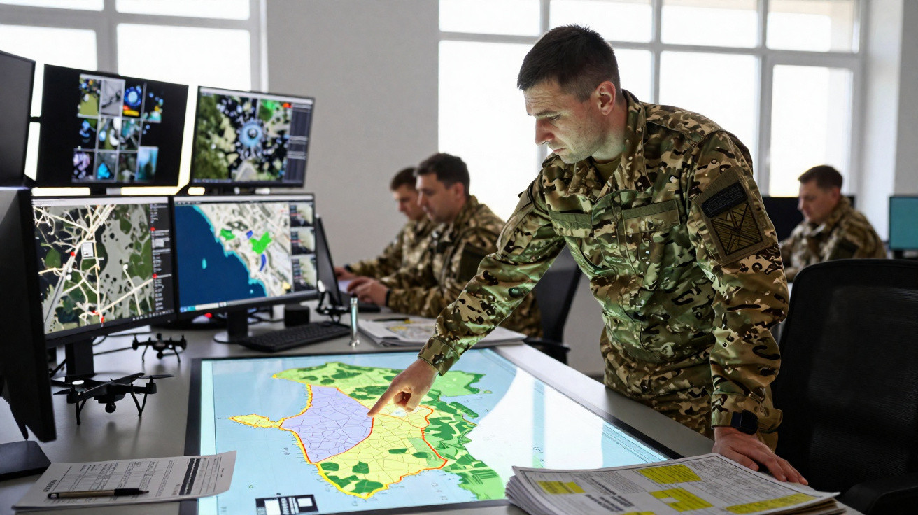 Militar em uniforme camuflado a analisar mapa digital numa mesa interativa, com outros militares e vários ecrãs ao fundo.