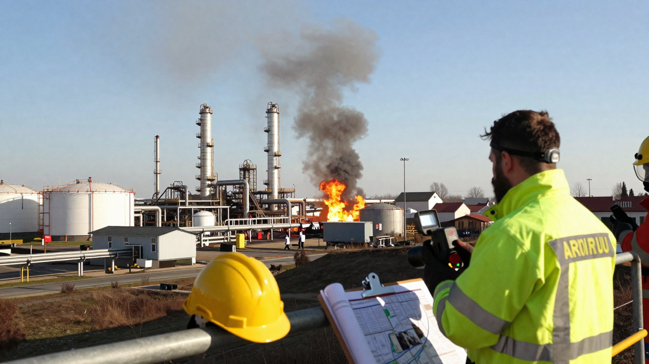 Trabalhadores em colete de alta visibilidade observam fogo e fumo num complexo industrial de armazenamento de combustível.