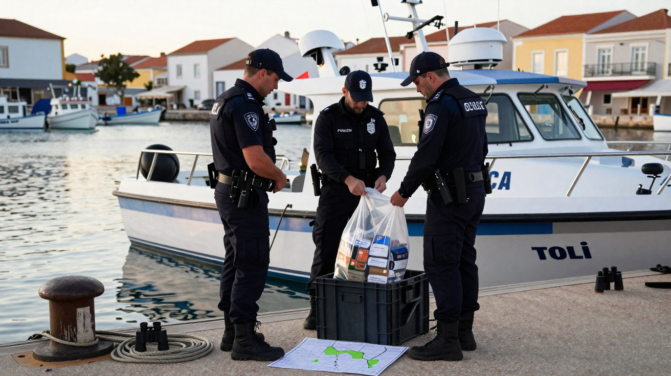 Três policiais junto a um barco descarregam um saco com caixas para um contentor num cais junto à água.