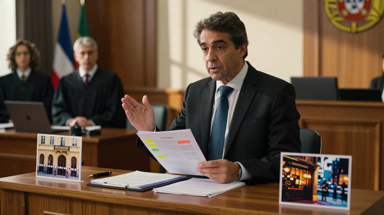 Homem em fato e gravata a apresentar documentos numa audiência num tribunal com juízes ao fundo.