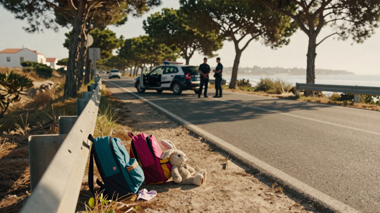 Mochilas e um coelho de peluche abandonados junto a estrada com carro de polícia e dois agentes ao fundo.