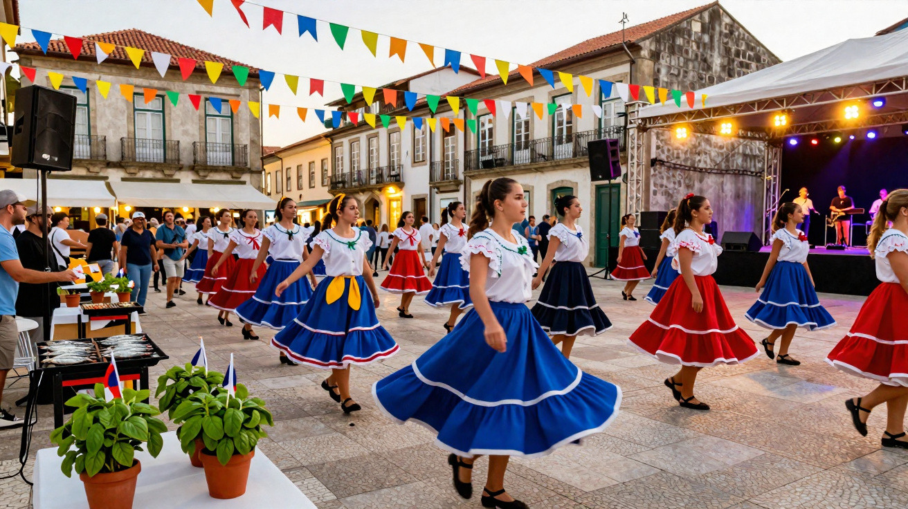 Jovens a dançar traje tradicional colorido numa praça decorada com bandeirinhas em festa popular.