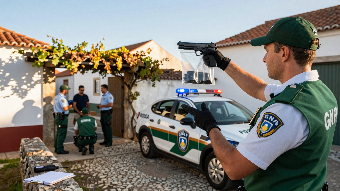Agente da GNR segura uma arma e um saco com evidências em frente a viatura, outros agentes falam com homem junto a casa.