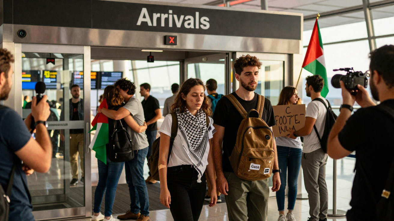 Jovens com mochila e cachecol na área de chegadas do aeroporto, com bandeira e câmeras ao redor.