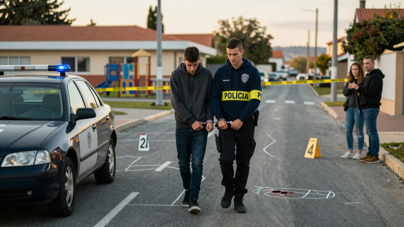 Polícia algemando jovem na rua, perto de carro policial e área com marcas e fita policial.