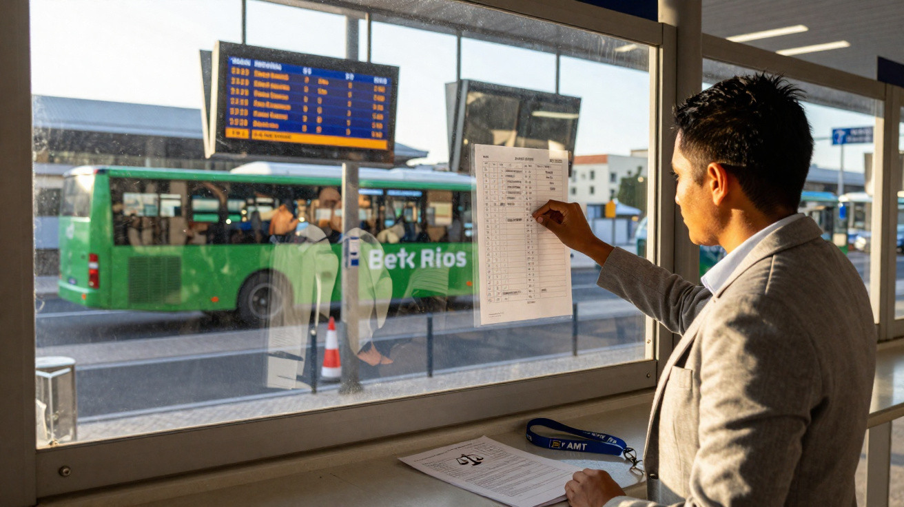 Homem consulta horários de autocarros em paragem com ônibus verde ao fundo e painel digital de horários.