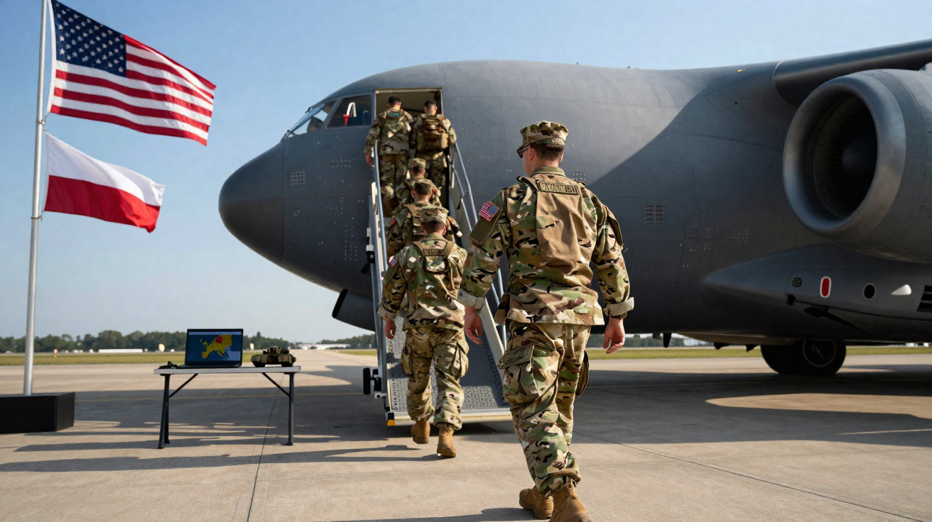 Soldados americanos a entrar num avião militar cinzento numa pista com bandeiras dos EUA e Polónia ao lado.
