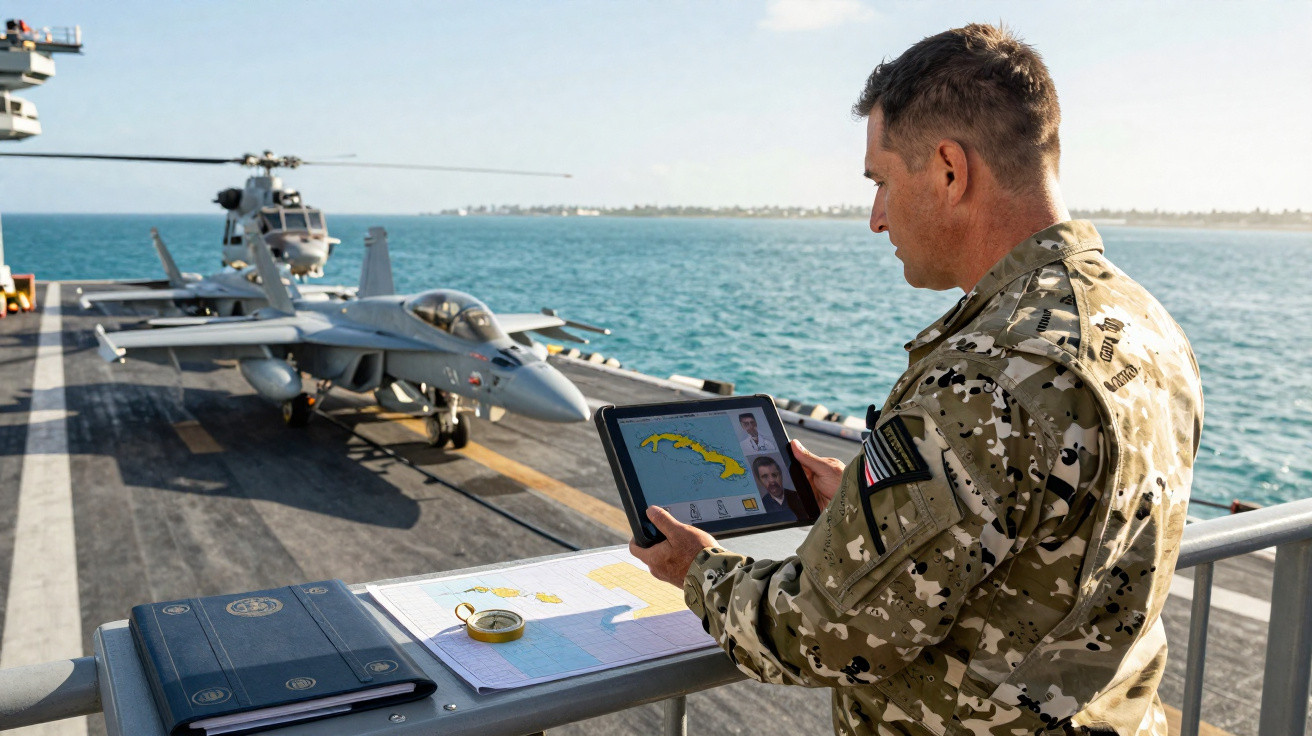 Militar em uniforme camuflado consultando tablet com mapa a bordo de porta-aviões com aviões de combate ao fundo.
