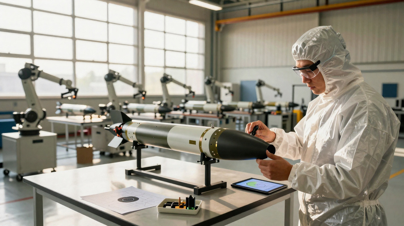 Homem em fato protetor examina munição grande numa mesa de laboratório com robôs industriais ao fundo.