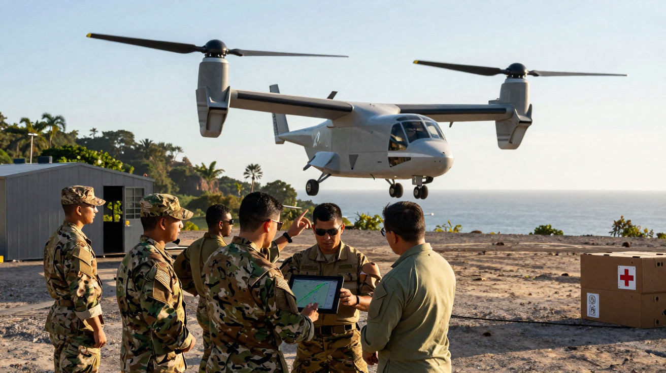 Militares em uniforme operam drone de decolagem vertical numa zona costeira com caixa de primeiros socorros visível.