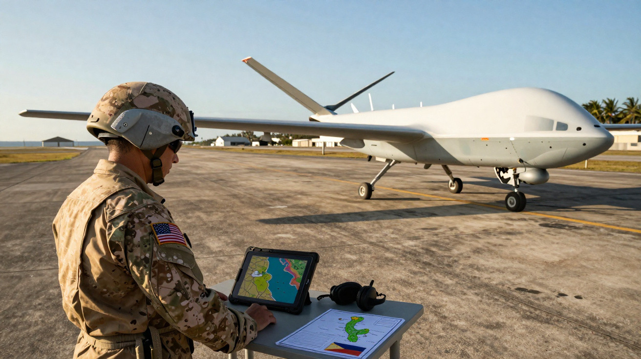 Militar com uniforme camuflado opera drone militar branco numa pista de aeroporto sob céu limpo.