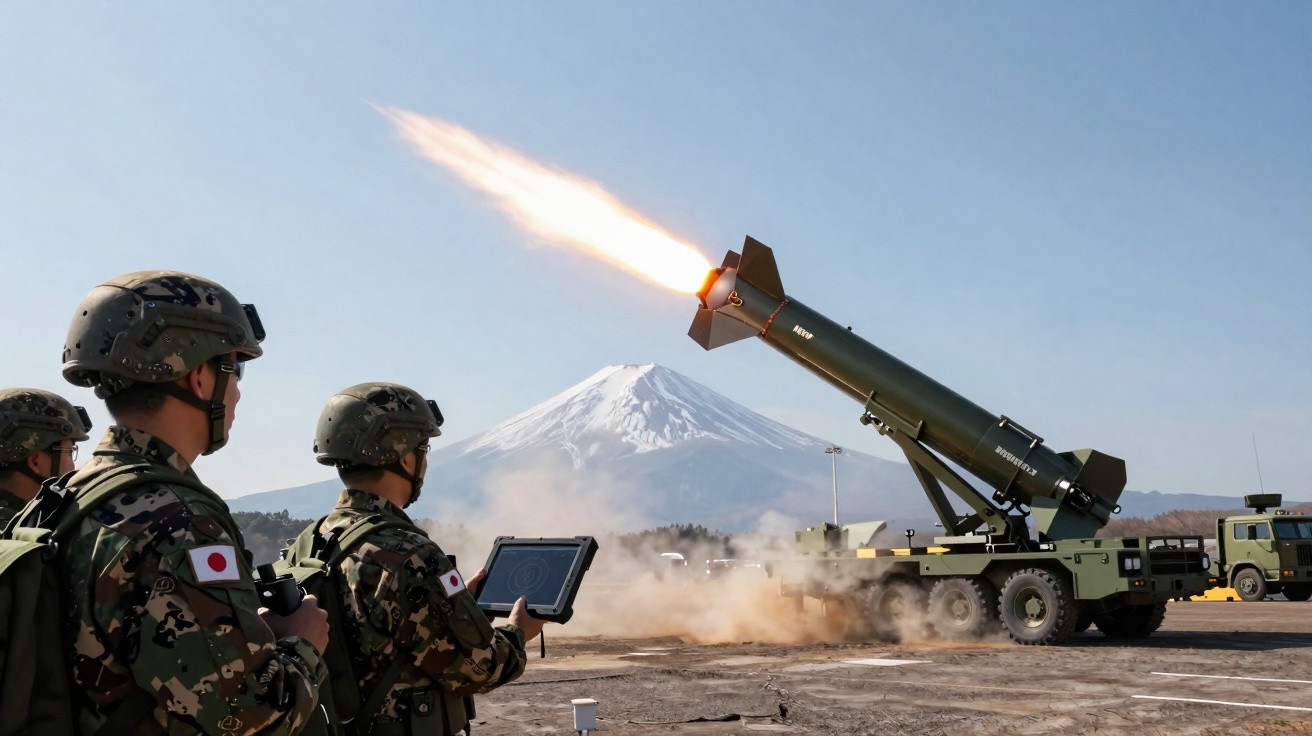Soldados japoneses operam lançamento de míssil com o Monte Fuji ao fundo num dia claro.