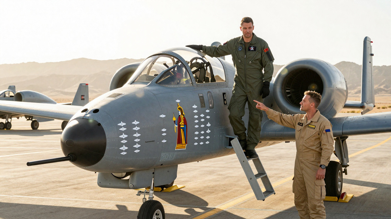 Dois pilotos em uniforme junto a um caça A-10 Thunderbolt II estacionado numa pista de aeroporto.
